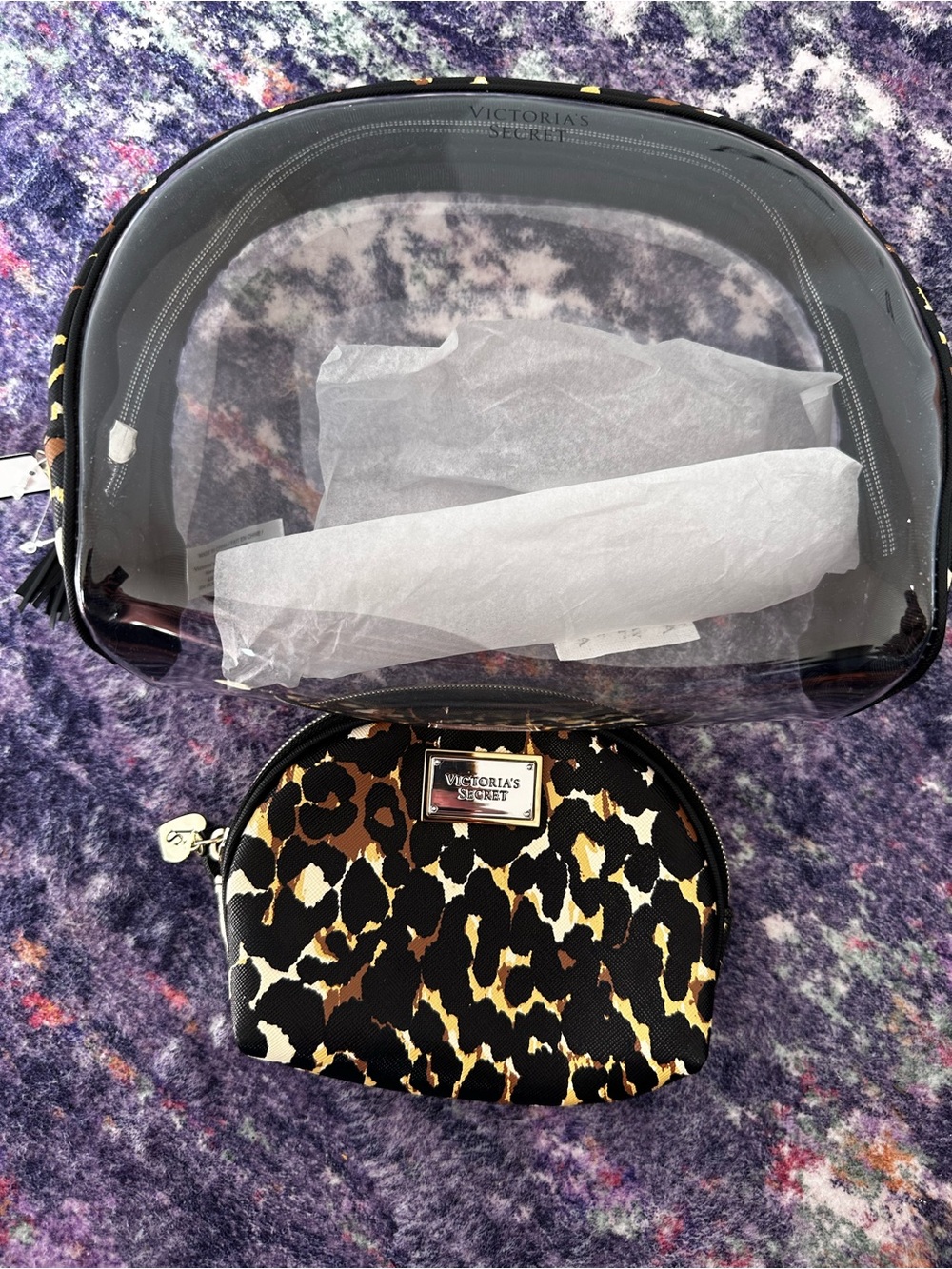 2016 Victoria’s Secret Leopard Cosmetic Bag Set Clear Makeup Case NWT NWOT